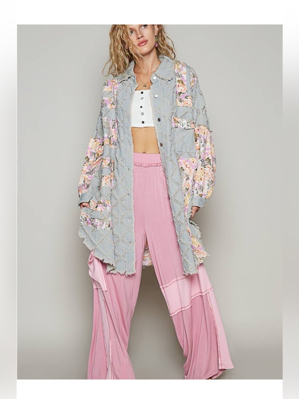 POL Pastel Floral Patchwork Shaggy Denim Duster Jacket Light Blue & Pink Sz M - Picture 4 of 6